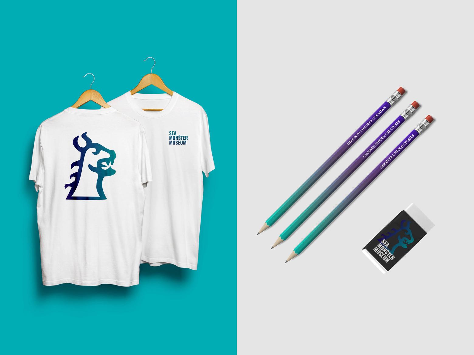 Sea Monster Museum merch (shirt and pencils)